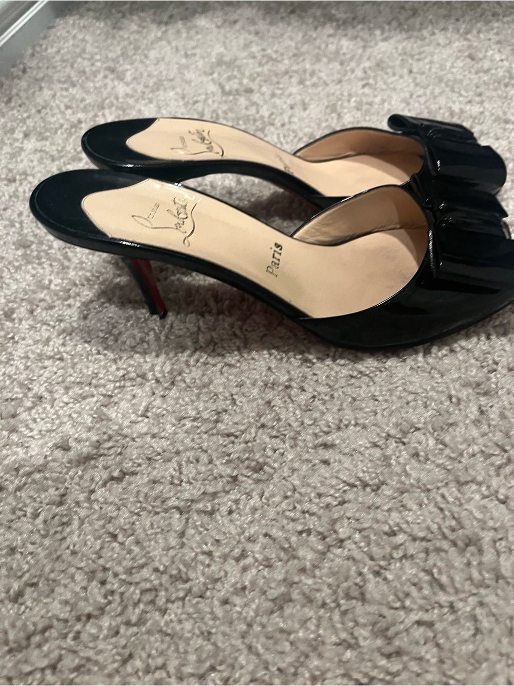 Christian Louboutin Black Patent Leather Bow Mules with Red Sole